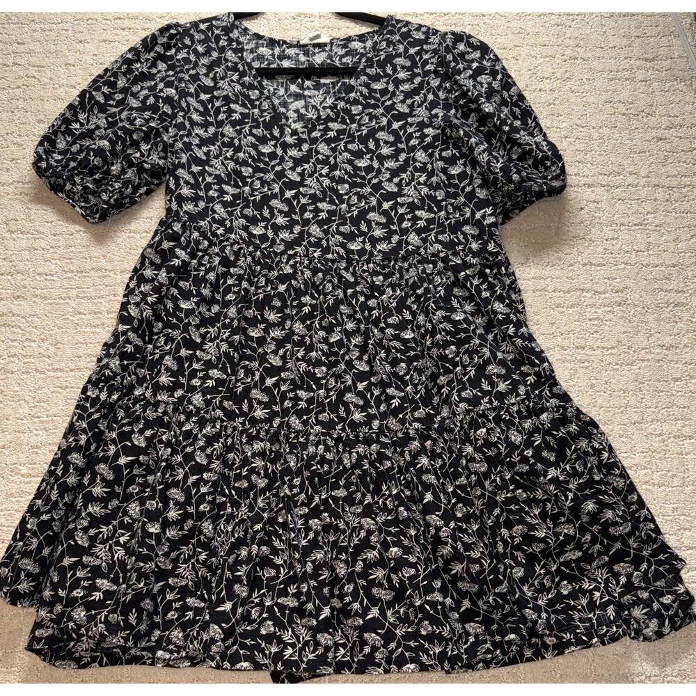 a.n.a Dress Womens Medium Black Floral Tiered Babydoll Mini Boho